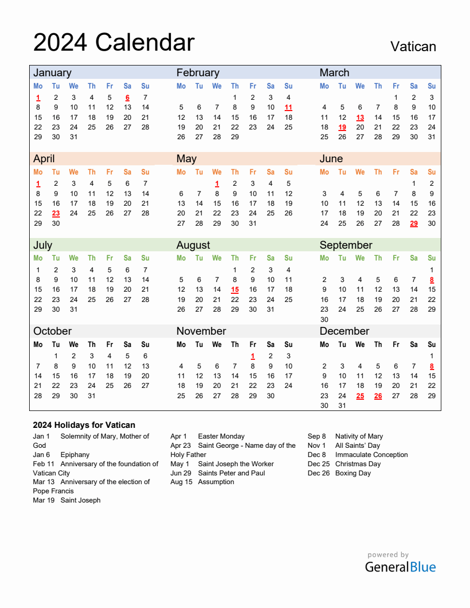 Annual Calendar 2024 with Vatican Holidays