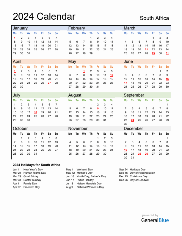 Annual Calendar 2024 with South Africa Holidays