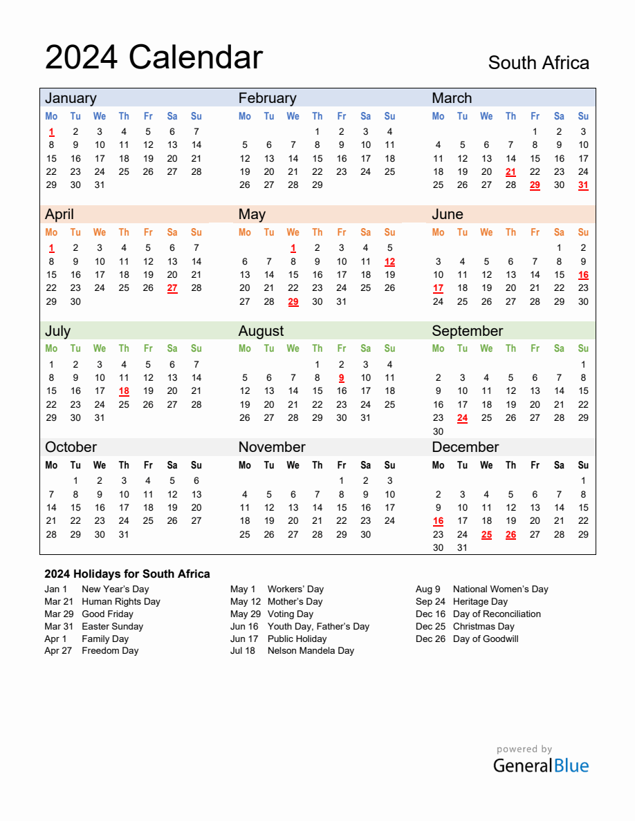 Annual Calendar 2024 with South Africa Holidays