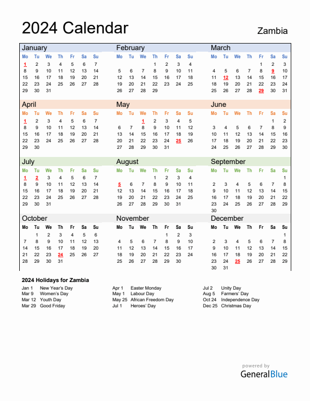 Calendar 2024 with Zambia Holidays