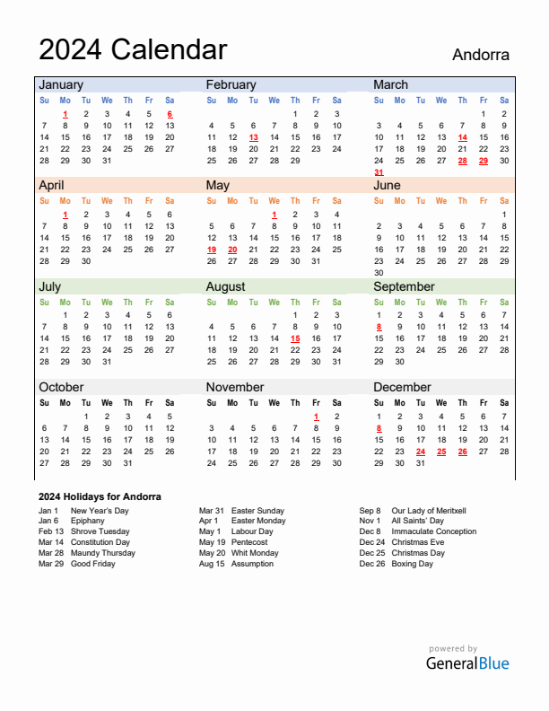 Calendar 2024 with Andorra Holidays