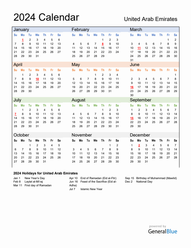 Calendar 2024 with United Arab Emirates Holidays