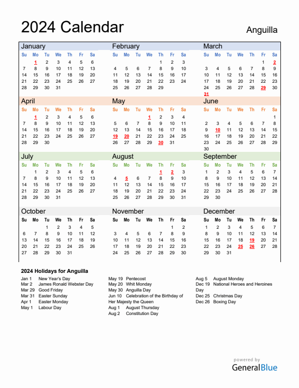 Calendar 2024 with Anguilla Holidays
