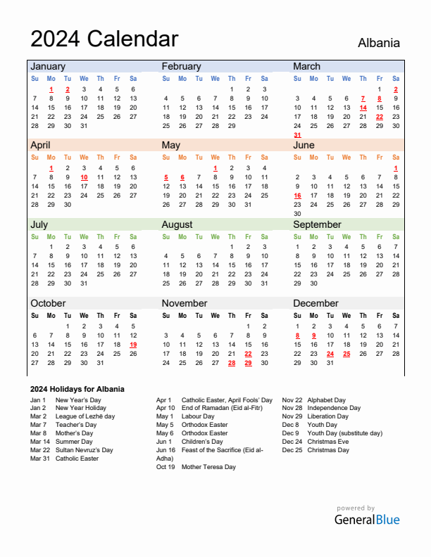 Calendar 2024 with Albania Holidays