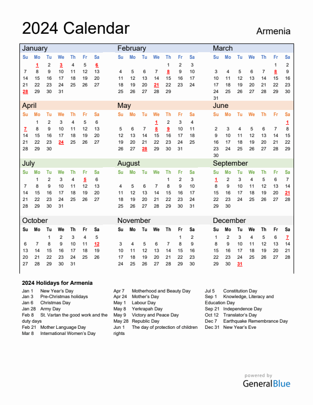 Calendar 2024 with Armenia Holidays
