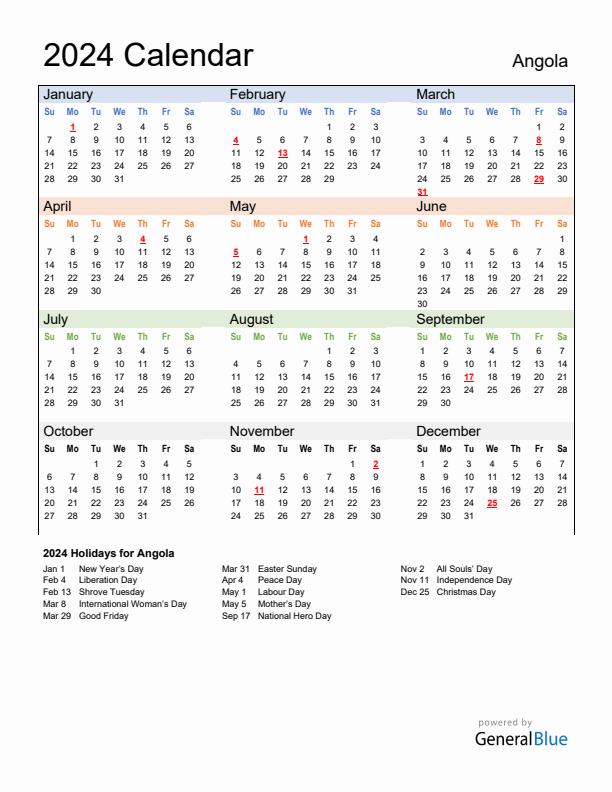 Calendar 2024 with Angola Holidays