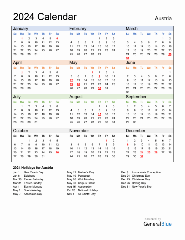 Calendar 2024 with Austria Holidays