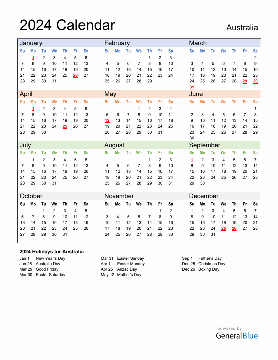 Annual Calendar 2024 With Australia Holidays   2024 Calendar Multi Colored With Holidays Portrait Sunday Start En Au 918x1188 