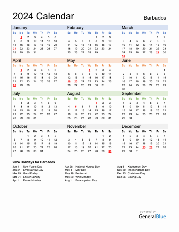 Calendar 2024 with Barbados Holidays