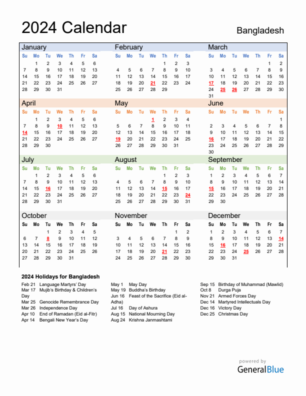 Calendar 2024 with Bangladesh Holidays