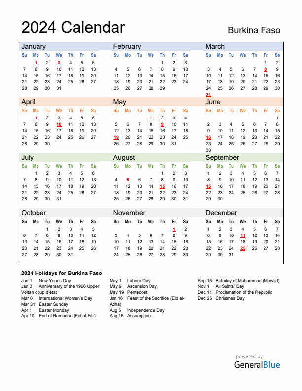 Calendar 2024 with Burkina Faso Holidays