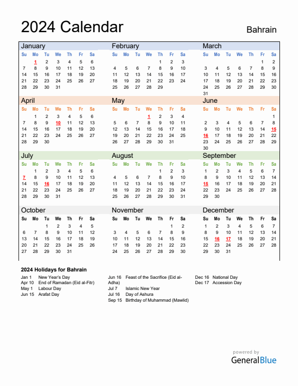 Calendar 2024 with Bahrain Holidays