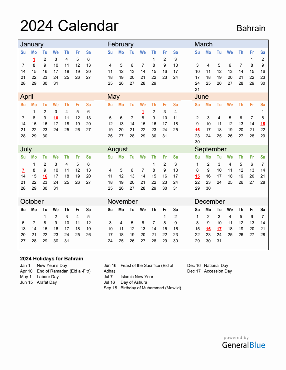 Annual Calendar 2024 with Bahrain Holidays