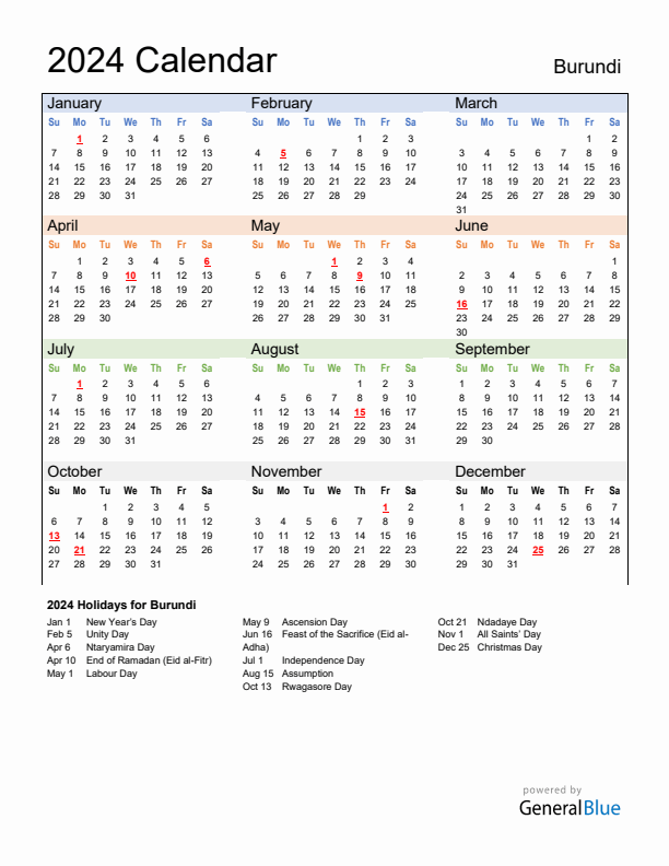Calendar 2024 with Burundi Holidays