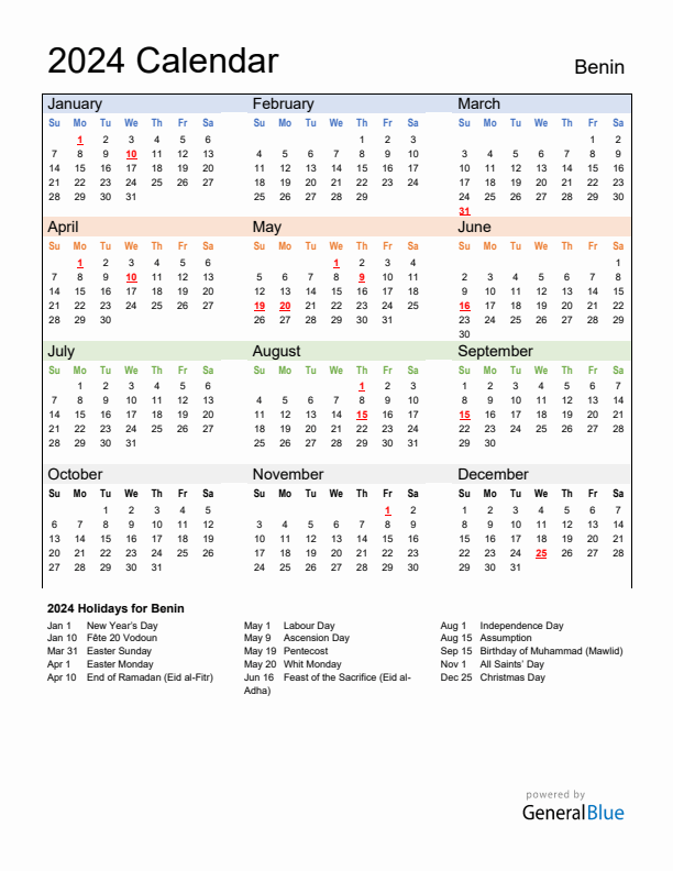 Calendar 2024 with Benin Holidays