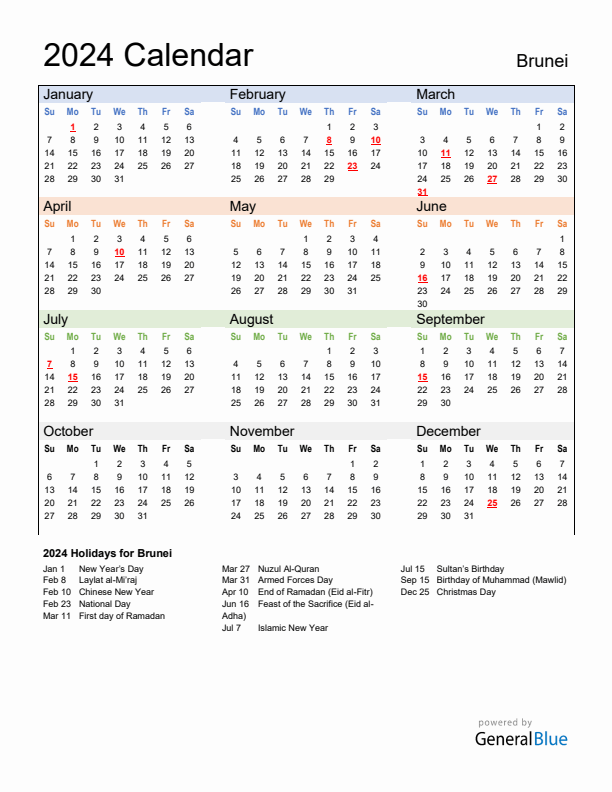 Calendar 2024 with Brunei Holidays