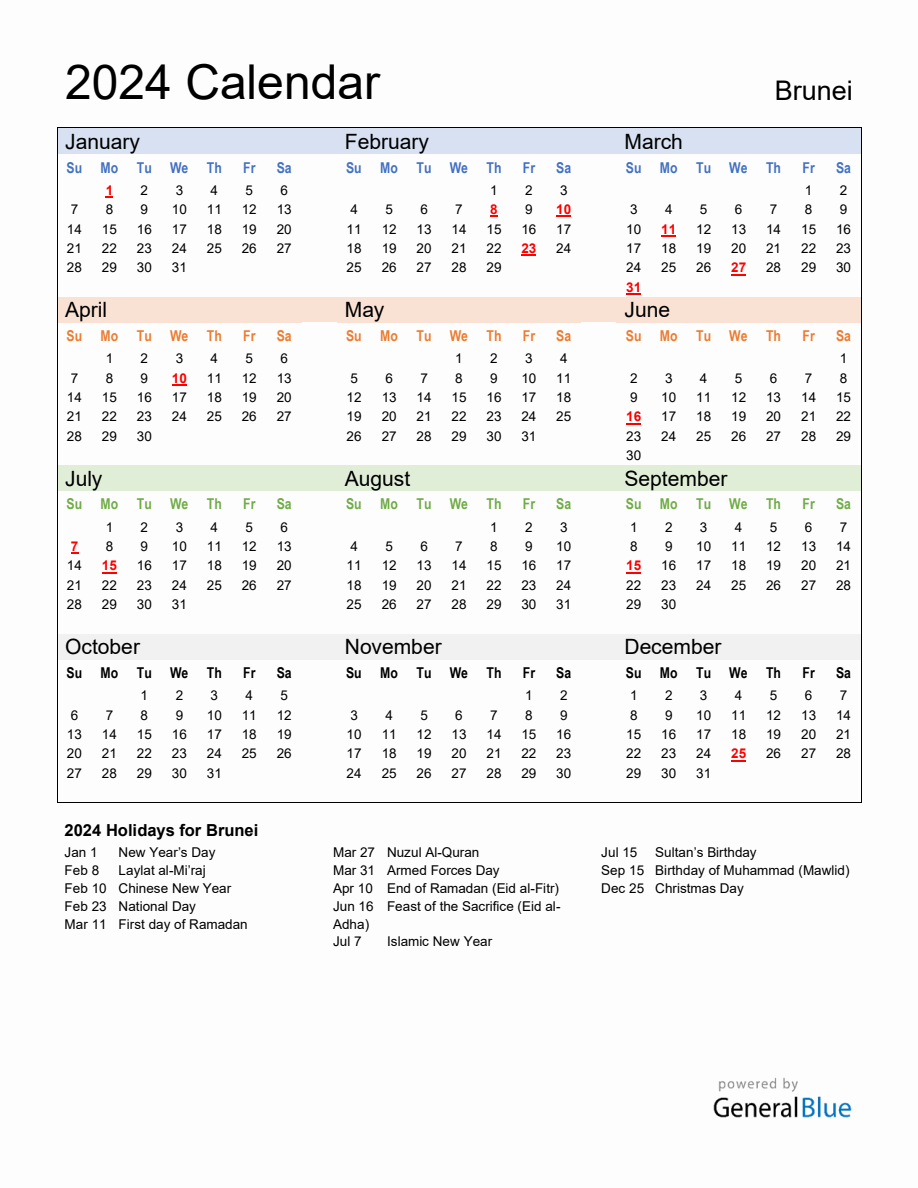 Annual Calendar 2024 with Brunei Holidays