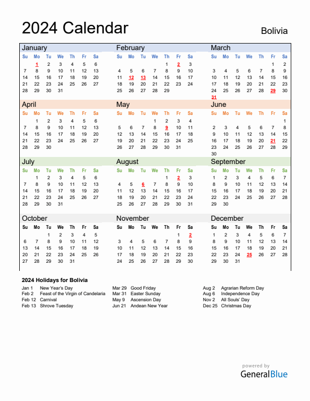 Annual Calendar 2024 with Bolivia Holidays