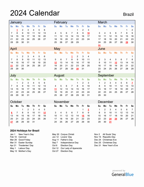 Calendar 2024 with Brazil Holidays