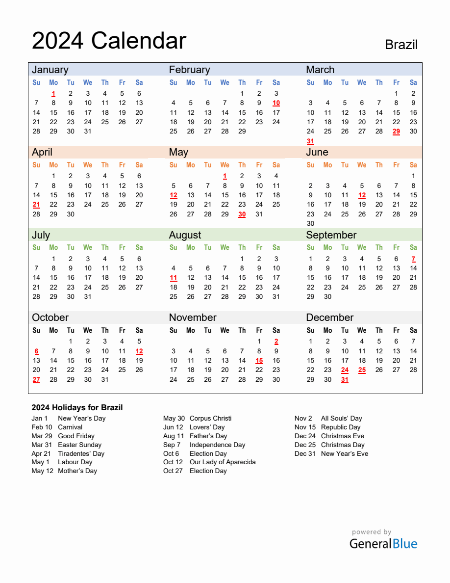 Annual Calendar 2024 with Brazil Holidays