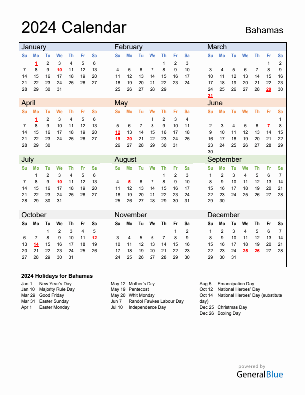 Calendar 2024 with Bahamas Holidays