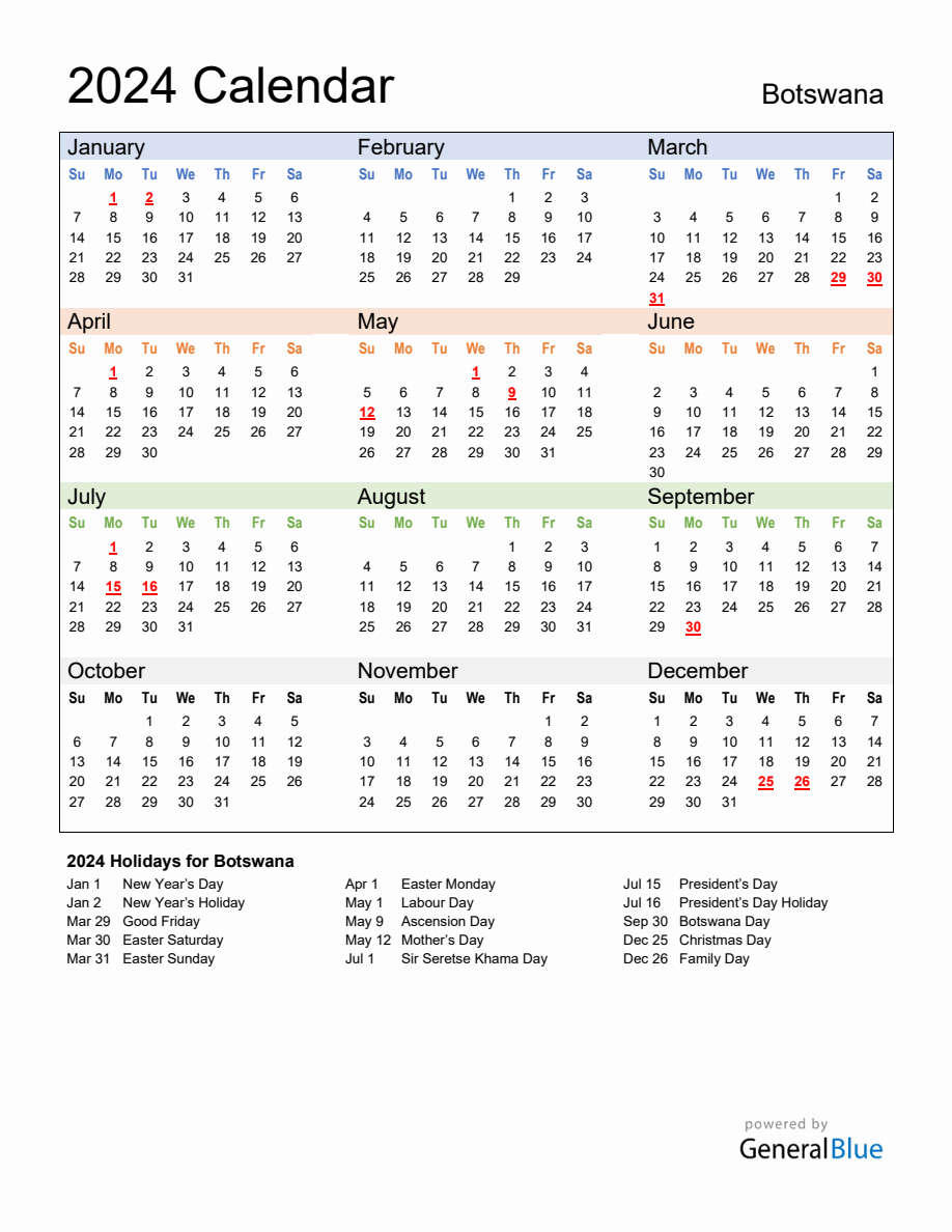 Annual Calendar 2024 with Botswana Holidays