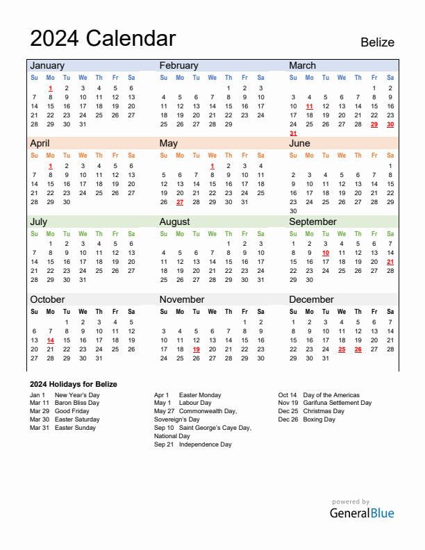 Calendar 2024 with Belize Holidays