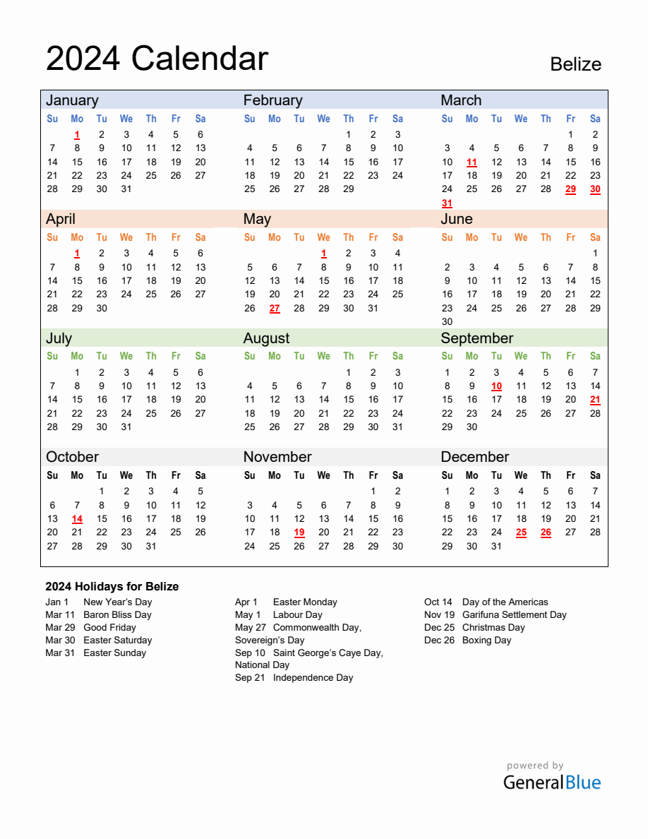 Annual Calendar 2024 with Belize Holidays