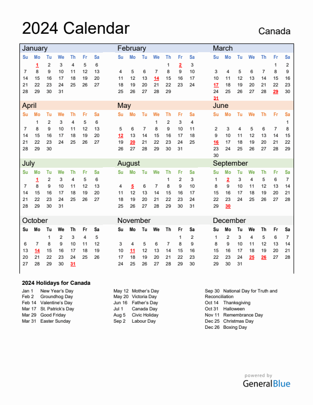 Calendar 2024 with Canada Holidays