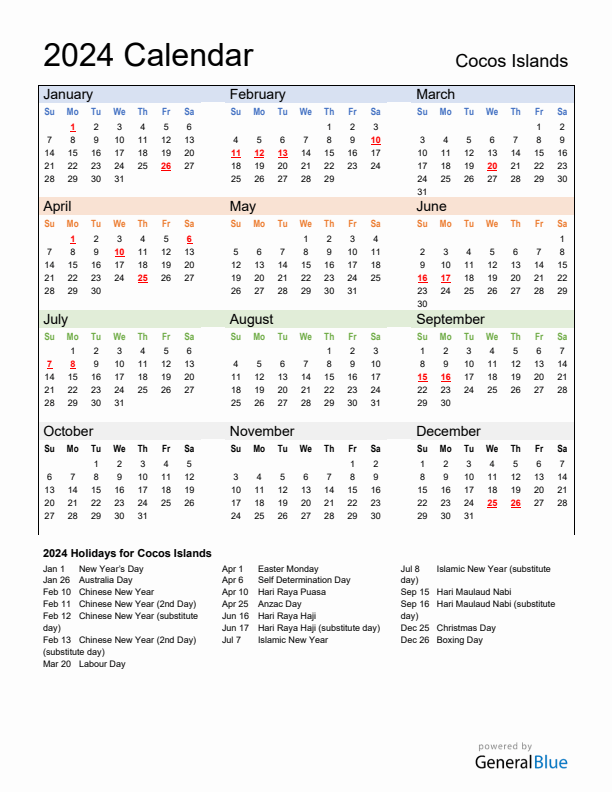 Calendar 2024 with Cocos Islands Holidays