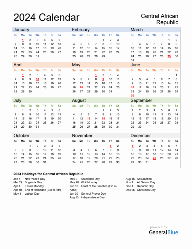 Calendar 2024 with Central African Republic Holidays