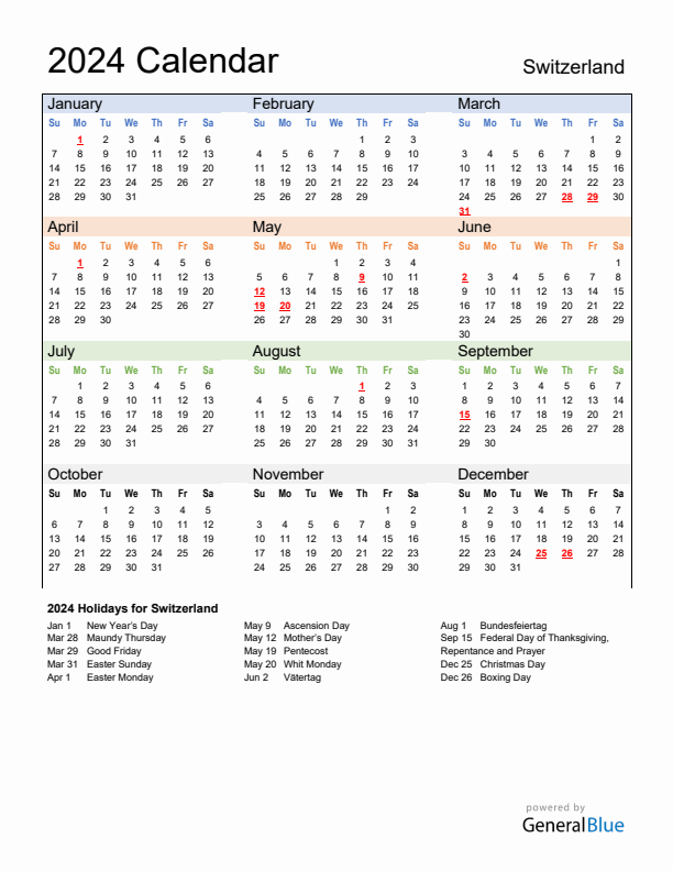 Calendar 2024 with Switzerland Holidays