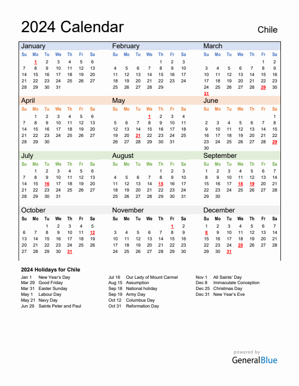 Calendar 2024 with Chile Holidays