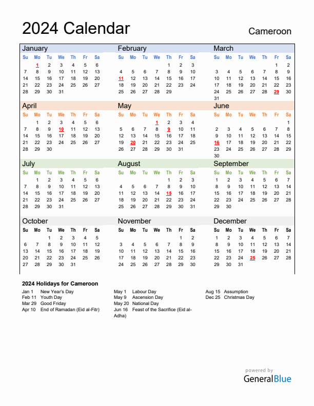 Calendar 2024 with Cameroon Holidays