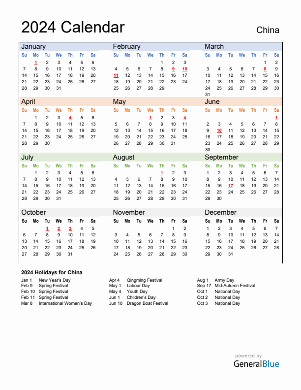 Calendar 2024 with China Holidays