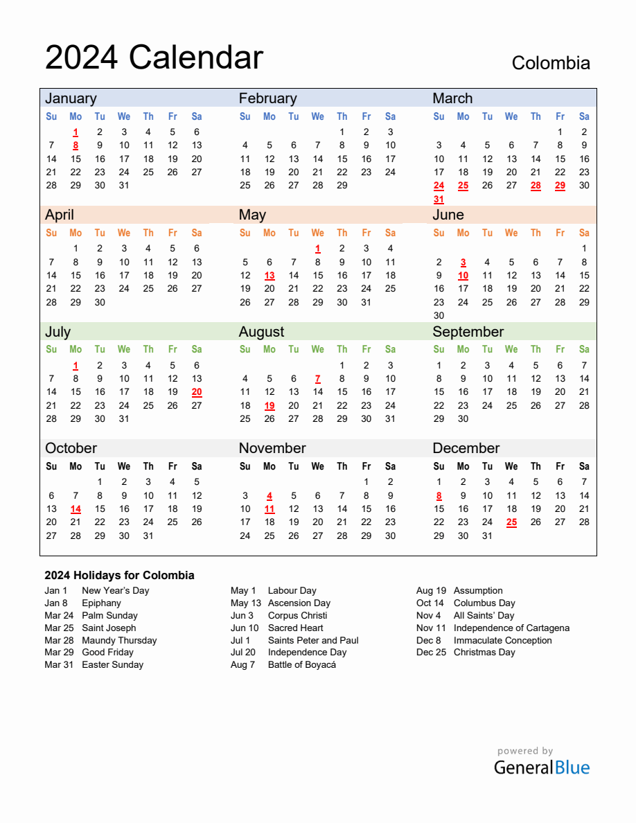 Annual Calendar 2024 with Colombia Holidays