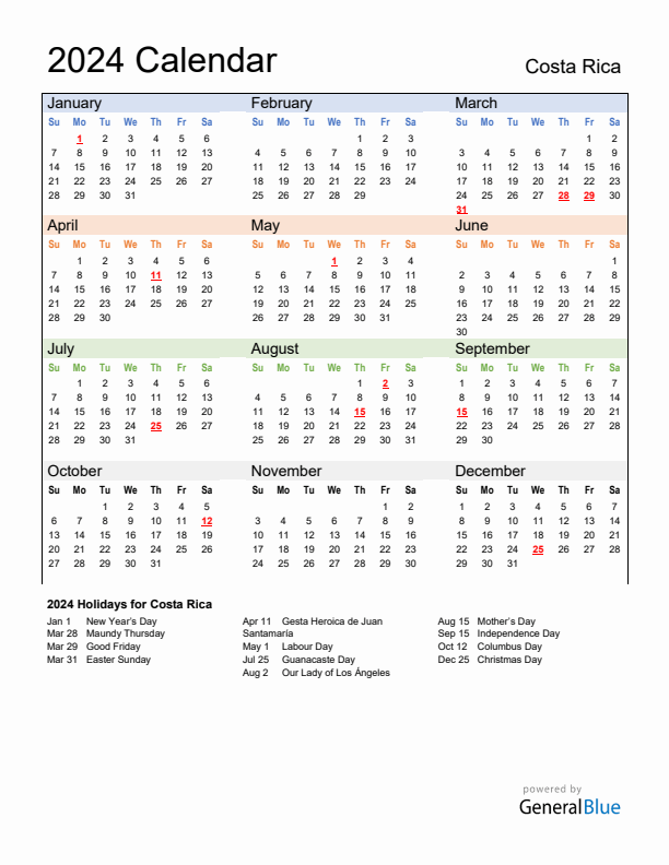 Annual Calendar 2024 with Costa Rica Holidays