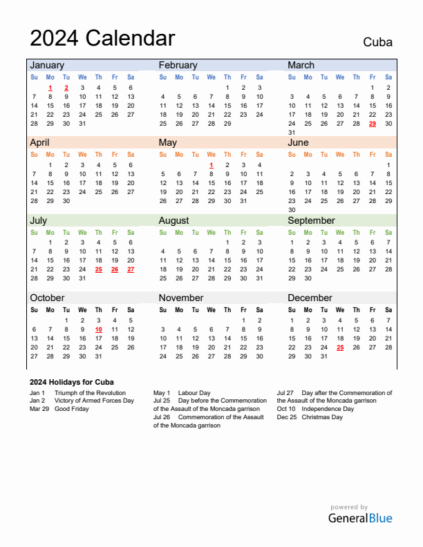 Calendar 2024 with Cuba Holidays