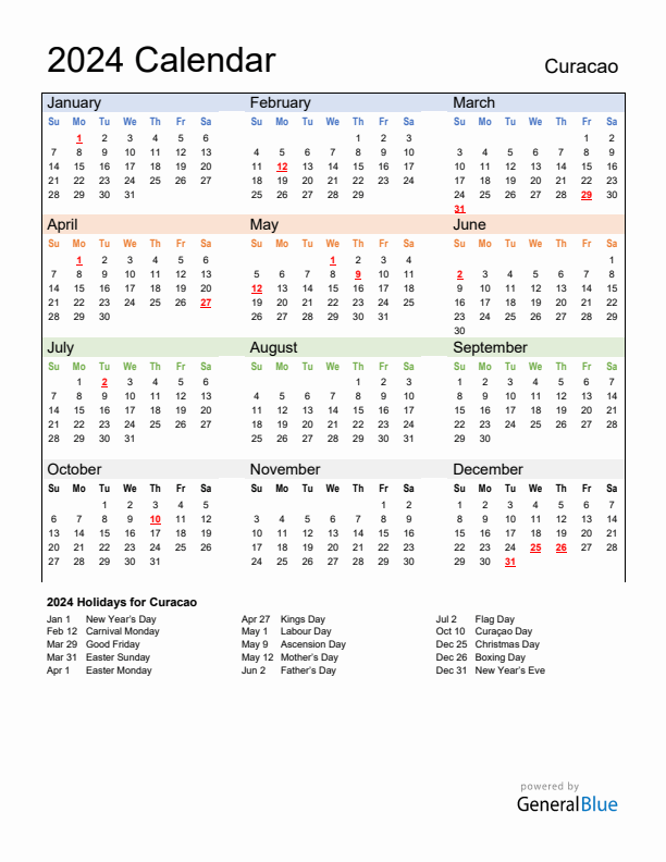 Calendar 2024 with Curacao Holidays