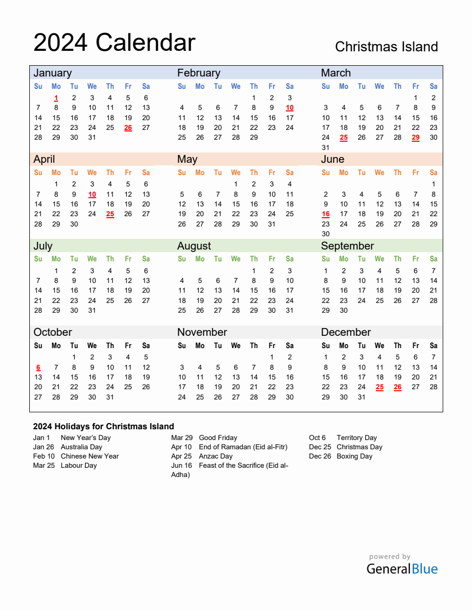 Annual Calendar 2024 with Christmas Island Holidays