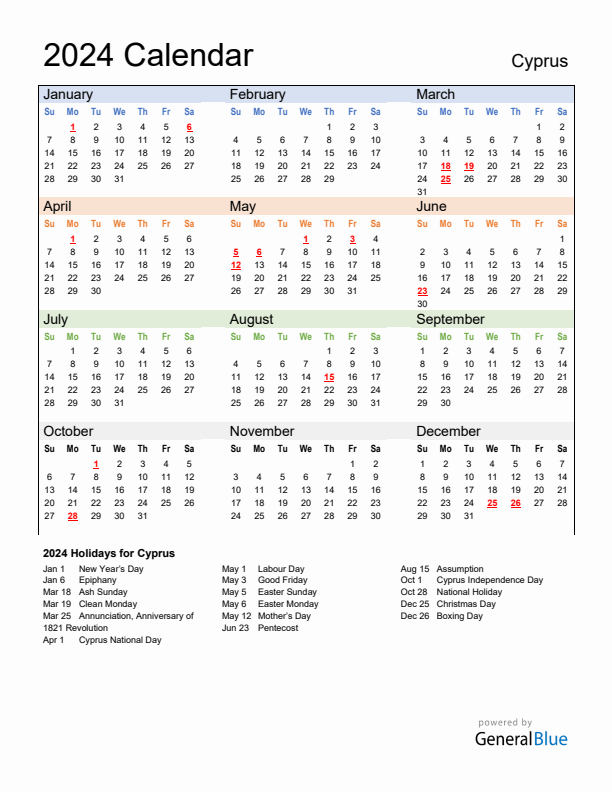 Calendar 2024 with Cyprus Holidays