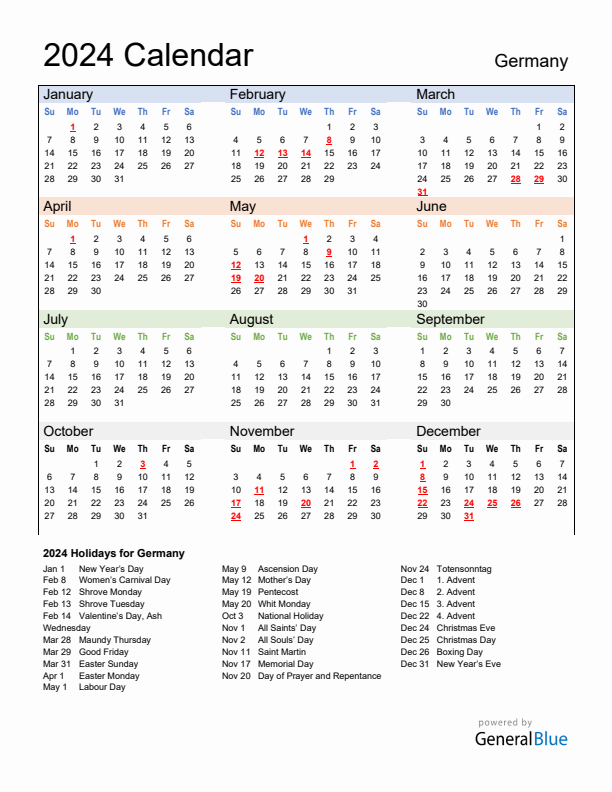 Calendar 2024 with Germany Holidays