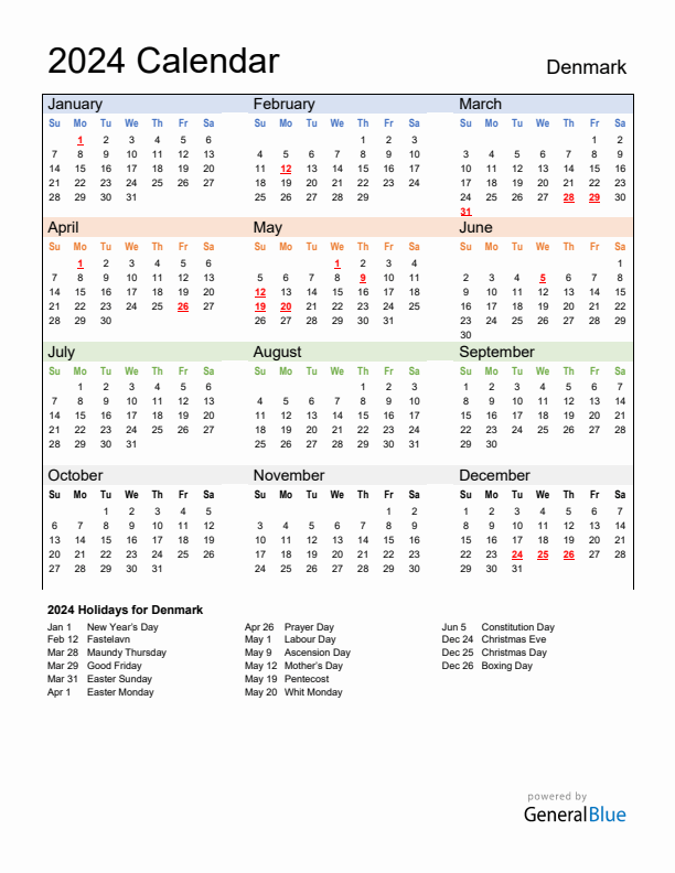 Calendar 2024 with Denmark Holidays