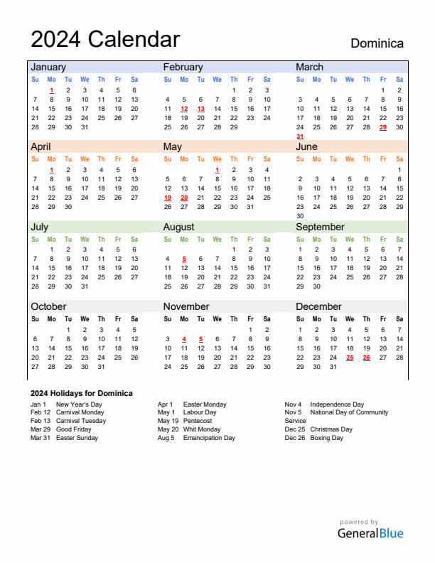 Calendar 2024 with Dominica Holidays