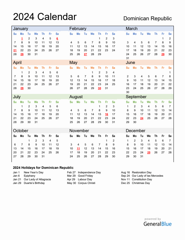Calendar 2024 with Dominican Republic Holidays