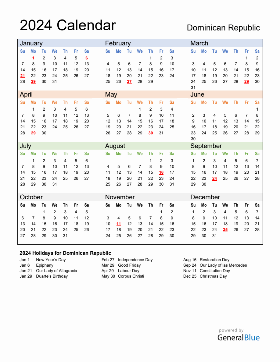 Annual Calendar 2024 with Dominican Republic Holidays