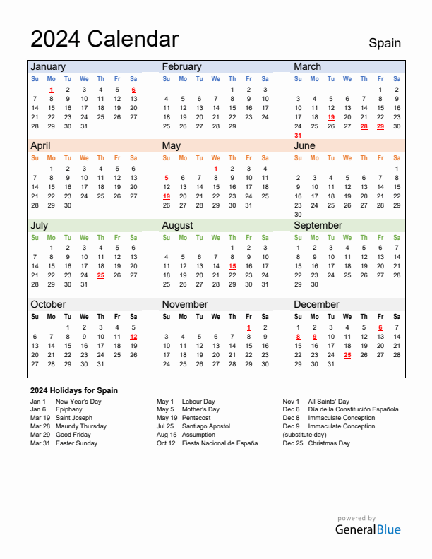 Calendar 2024 with Spain Holidays