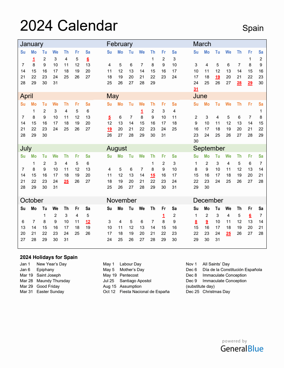 2024 Calendar Multi Colored With Holidays Portrait Sunday Start En Es 918x1188 