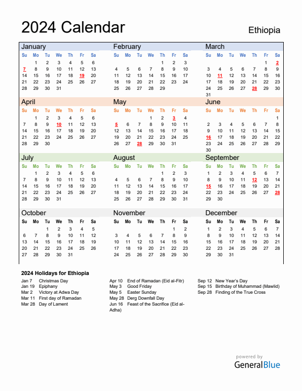Calendar 2024 with Ethiopia Holidays