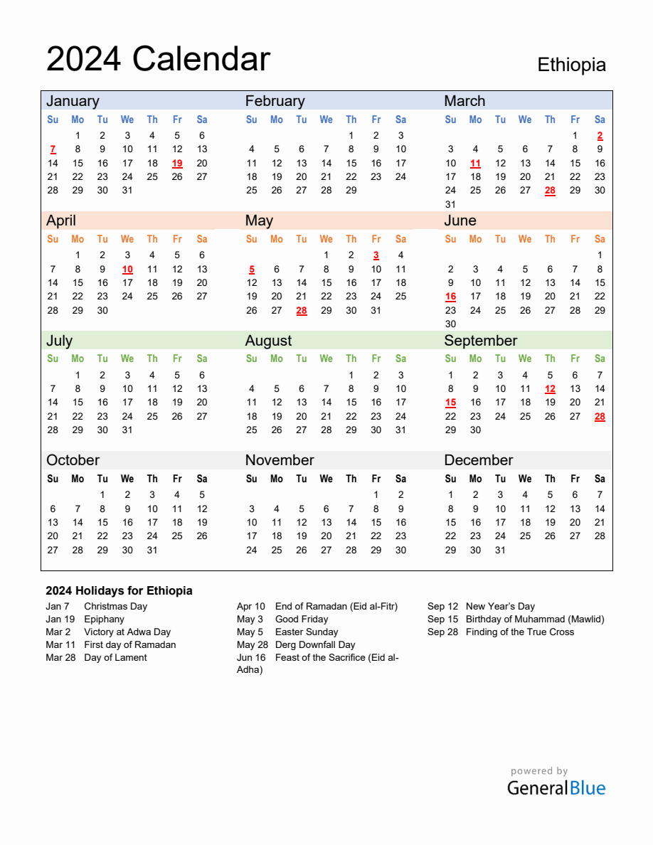 Annual Calendar 2024 with Ethiopia Holidays